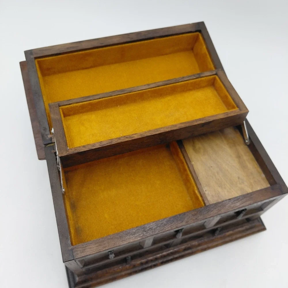 Vtg Mele ? Wooden Musical Jewelry Box 3 Drawer Mustard Yellow Works Storage